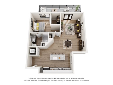 A 3D floor plan of a house with a living room, kitchen, and two bedrooms.
